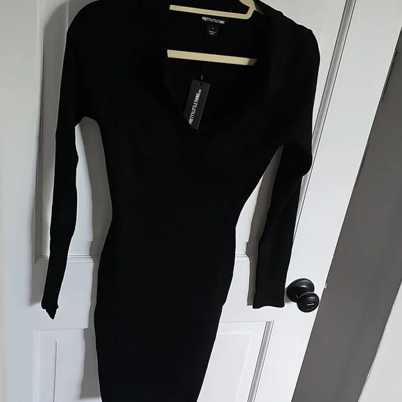 NWT PrettyLittleThing Black Long Sleeve Ribbed Bodycon Mini Dress - Picture 5 of 7
